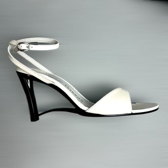Charles Jourdan Paris White High Hill Mule Sandals Ankle Strap Made in Spain US7 - Picture 2 of 13